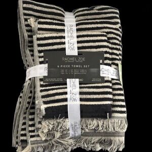 New Rachel Zoe 6 Black Taupe Fringe Striped Towel Set-2 bath 2 hand 2 washcloth